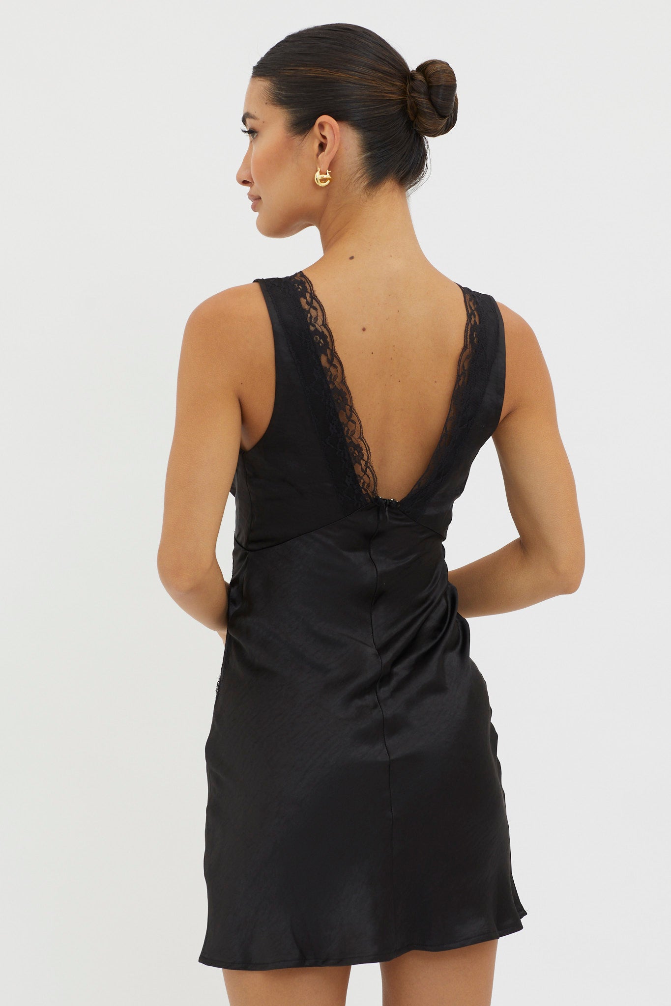 Ivonne Lace Trim V-Neck Mini Dress Black by Selfie Leslie
