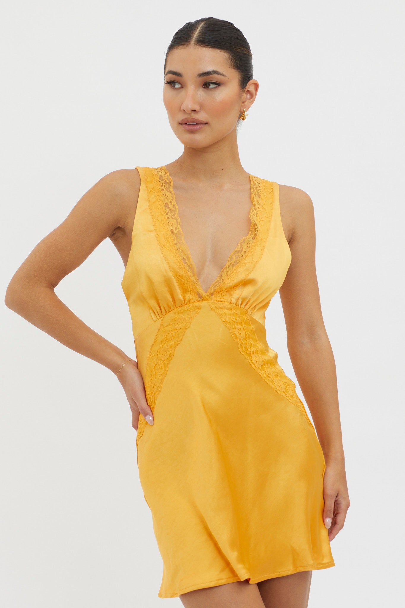 yellow silk dress mini Ivonne Lace Trim V-Neck Mini Dress Tangerine