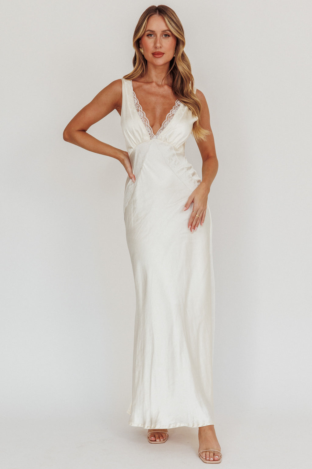 Ivonne Lace Trim V-Neck Maxi Dress Oyster by Selfie Leslie