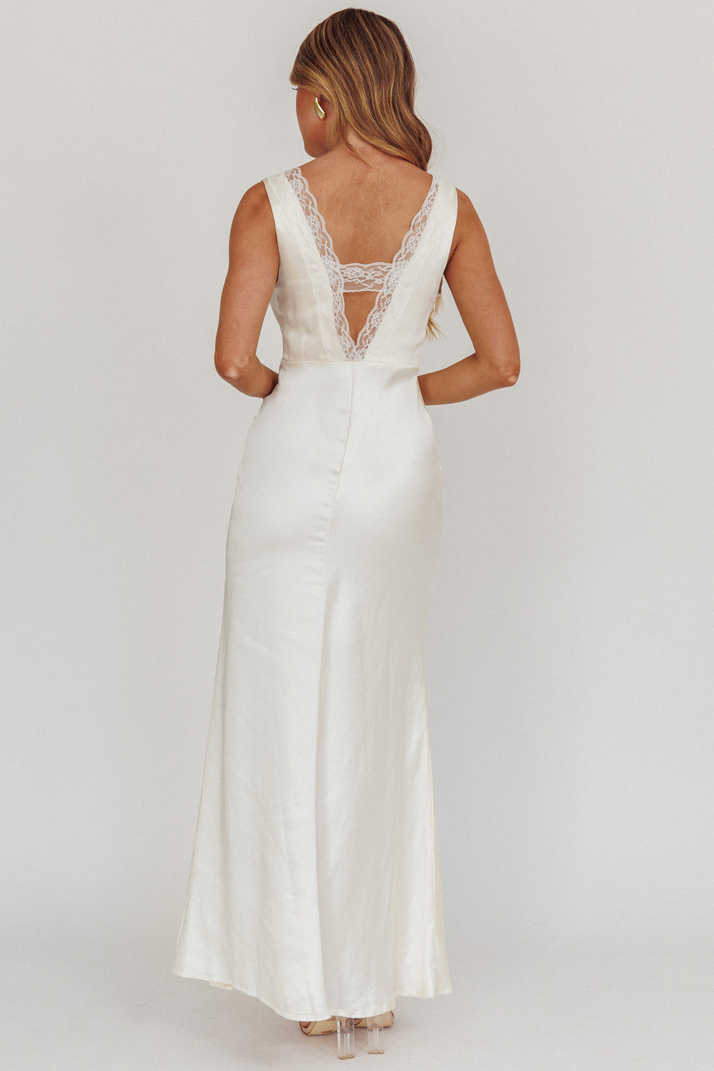 Ivonne Lace Trim V-Neck Maxi Dress Oyster by Selfie Leslie
