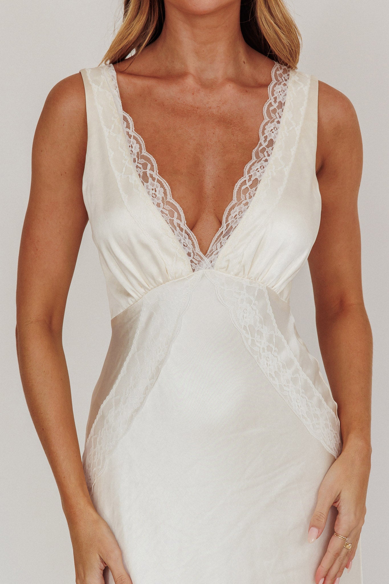 Ivonne Lace Trim V-Neck Maxi Dress Oyster by Selfie Leslie