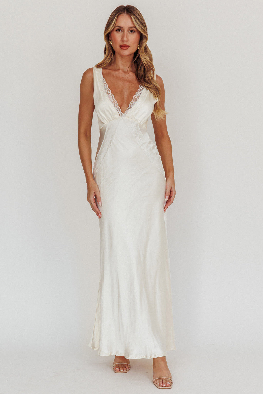 Ivonne Lace Trim V-Neck Maxi Dress Oyster by Selfie Leslie