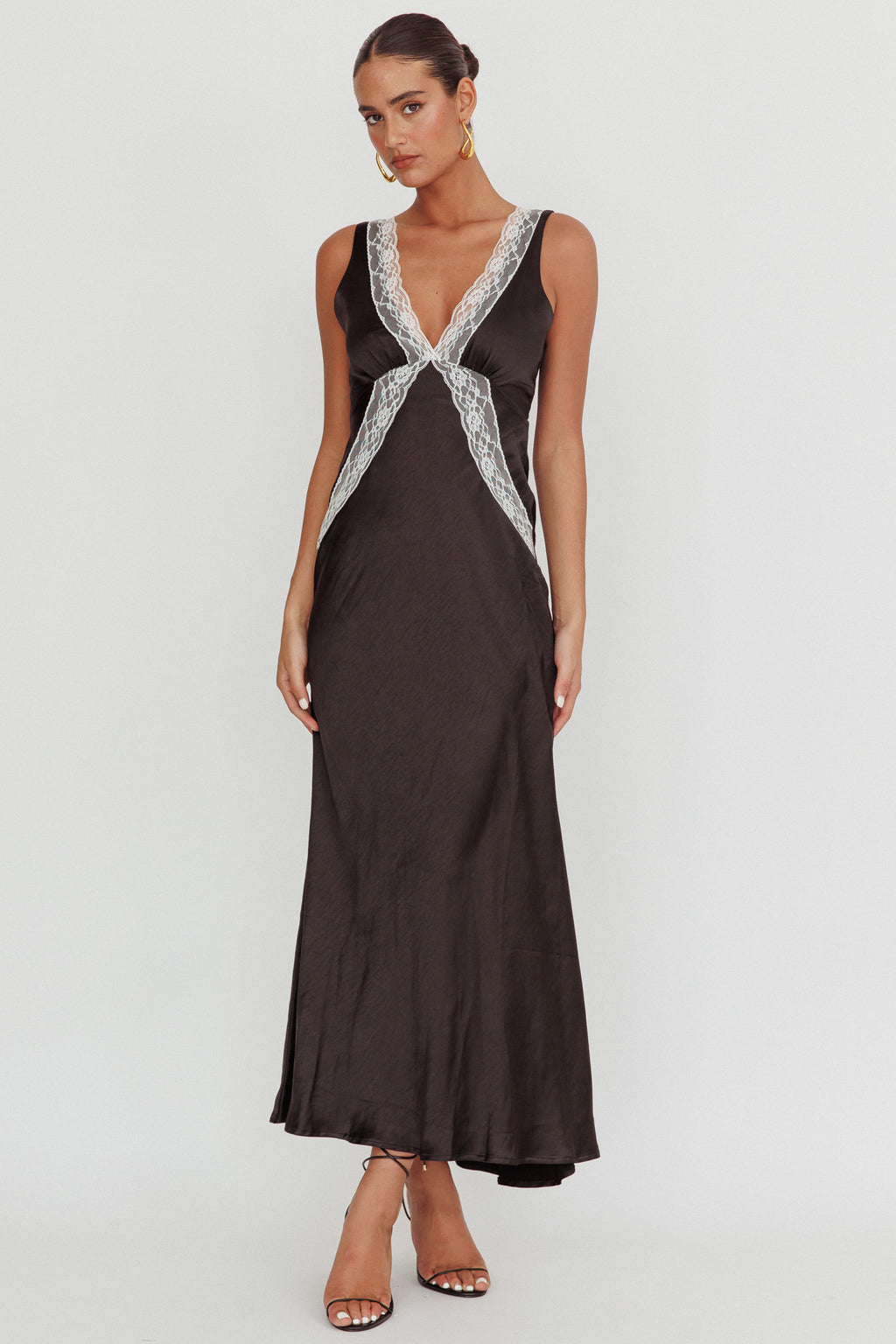 Ivonne Contrast Lace V-Neck Maxi Dress Black by Selfie Leslie