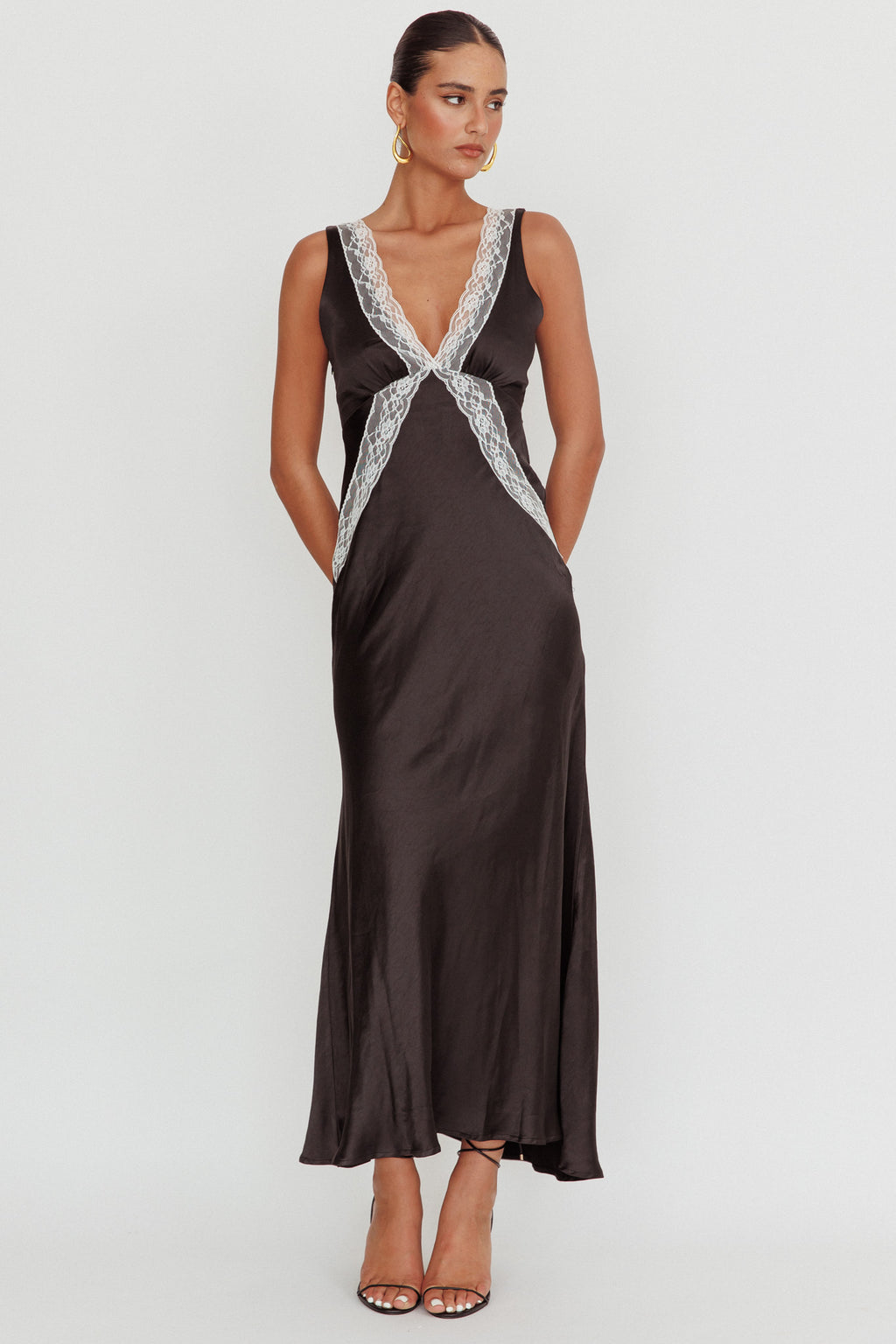 Ivonne Contrast Lace V-Neck Maxi Dress Black by Selfie Leslie