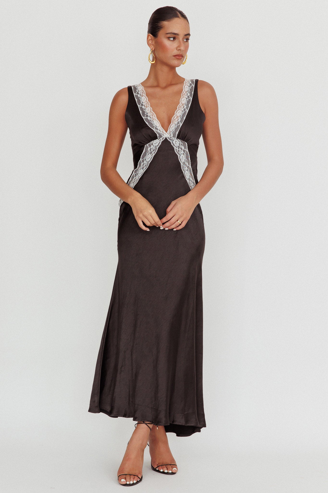 Ivonne Contrast Lace V-Neck Maxi Dress Black by Selfie Leslie