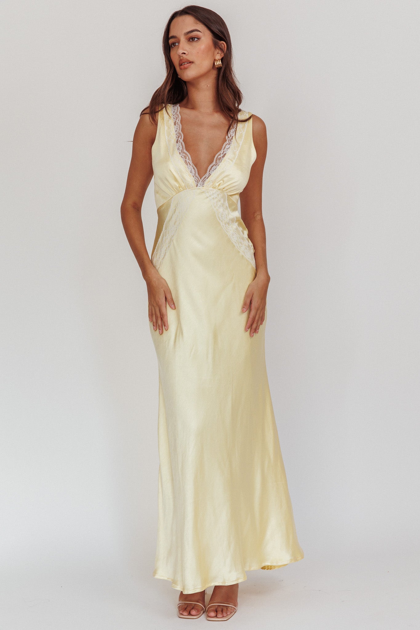 Ivonne Lace Trim V-Neck Maxi Dress Butter by Selfie Leslie