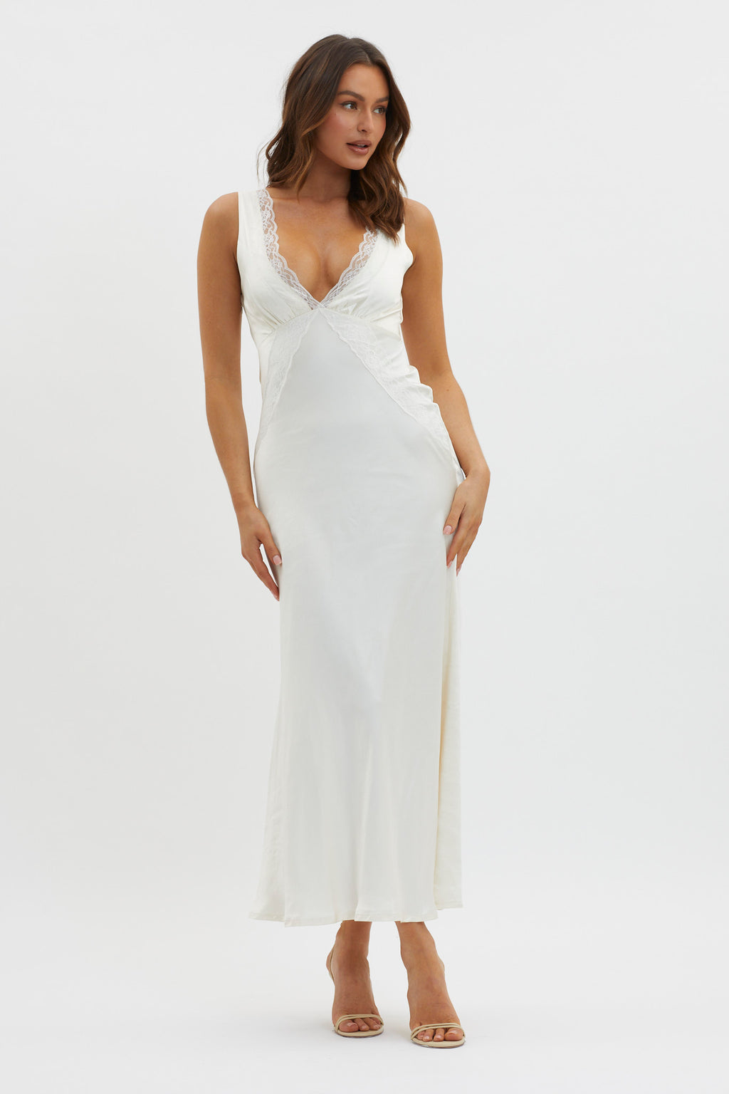 Ivonne Lace Trim V-Neck Maxi Dress Oyster by Selfie Leslie