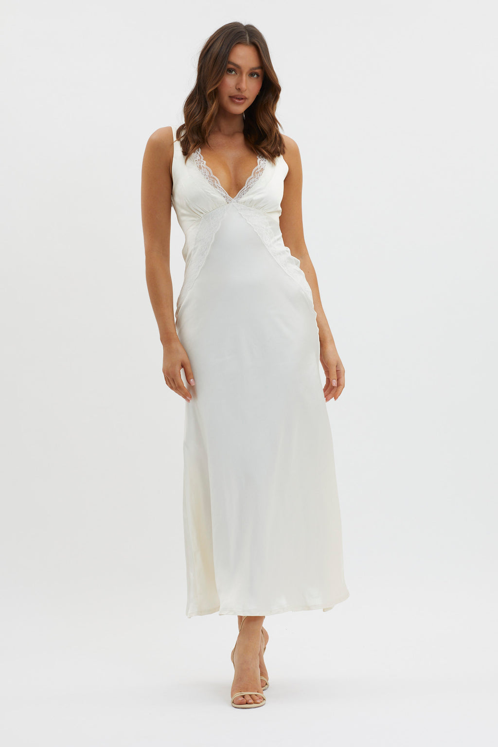 Ivonne Lace Trim V-Neck Maxi Dress Oyster by Selfie Leslie