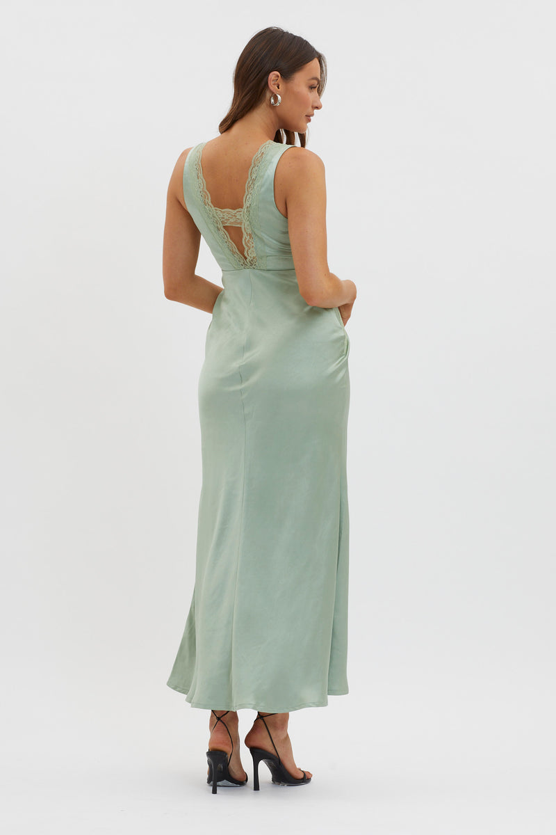 Shop the Ivonne Lace Trim V-Neck Maxi Dress Sage | Selfie Leslie