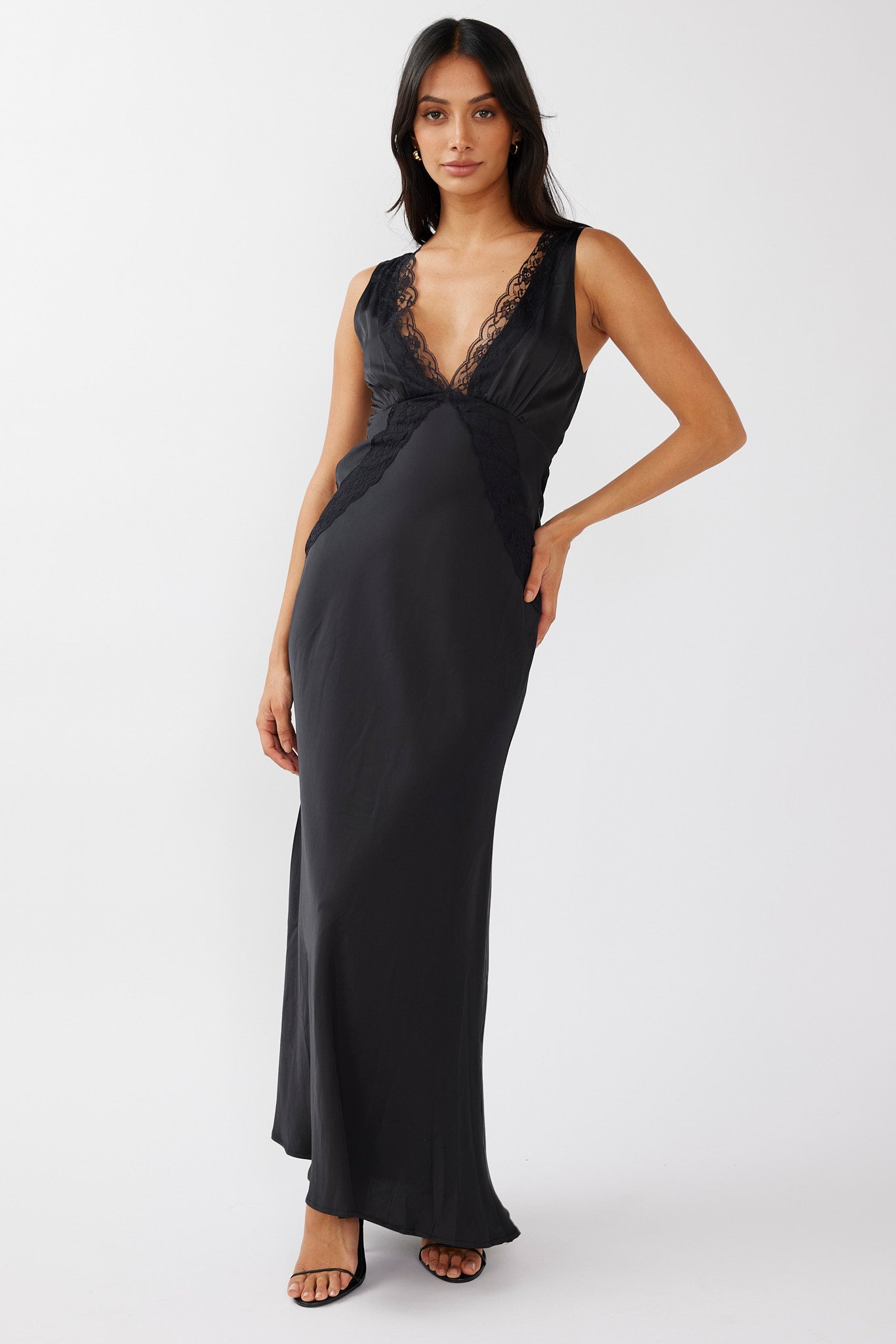 Ivonne Lace Trim V-Neck Maxi Dress Black by Selfie Leslie