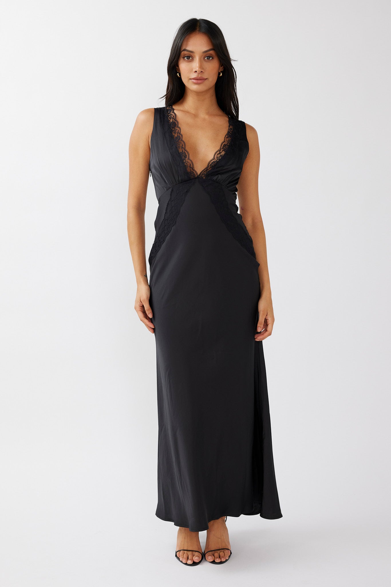 Ivonne Lace Trim V-Neck Maxi Dress Black by Selfie Leslie