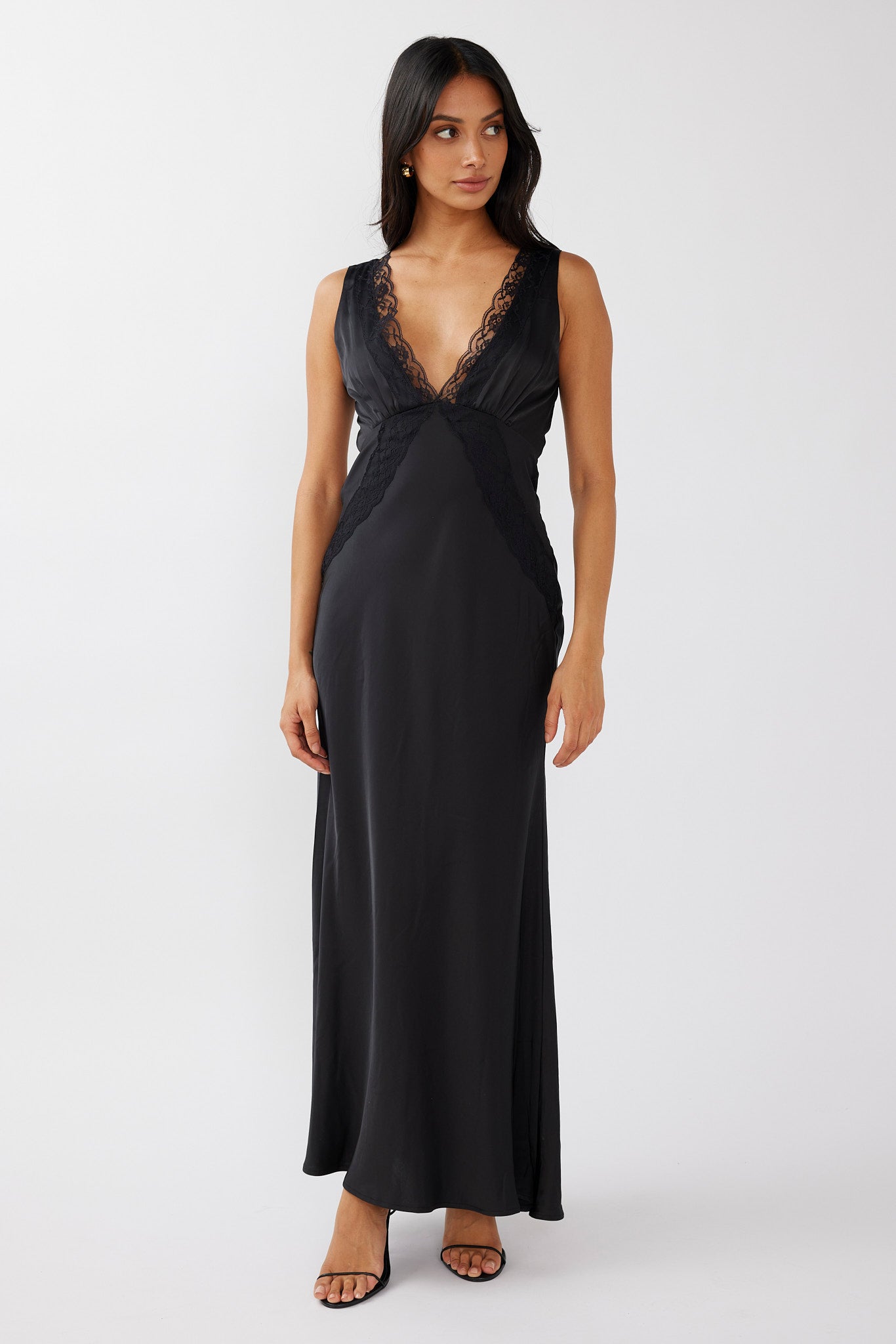 Ivonne Lace Trim V-Neck Maxi Dress Black by Selfie Leslie