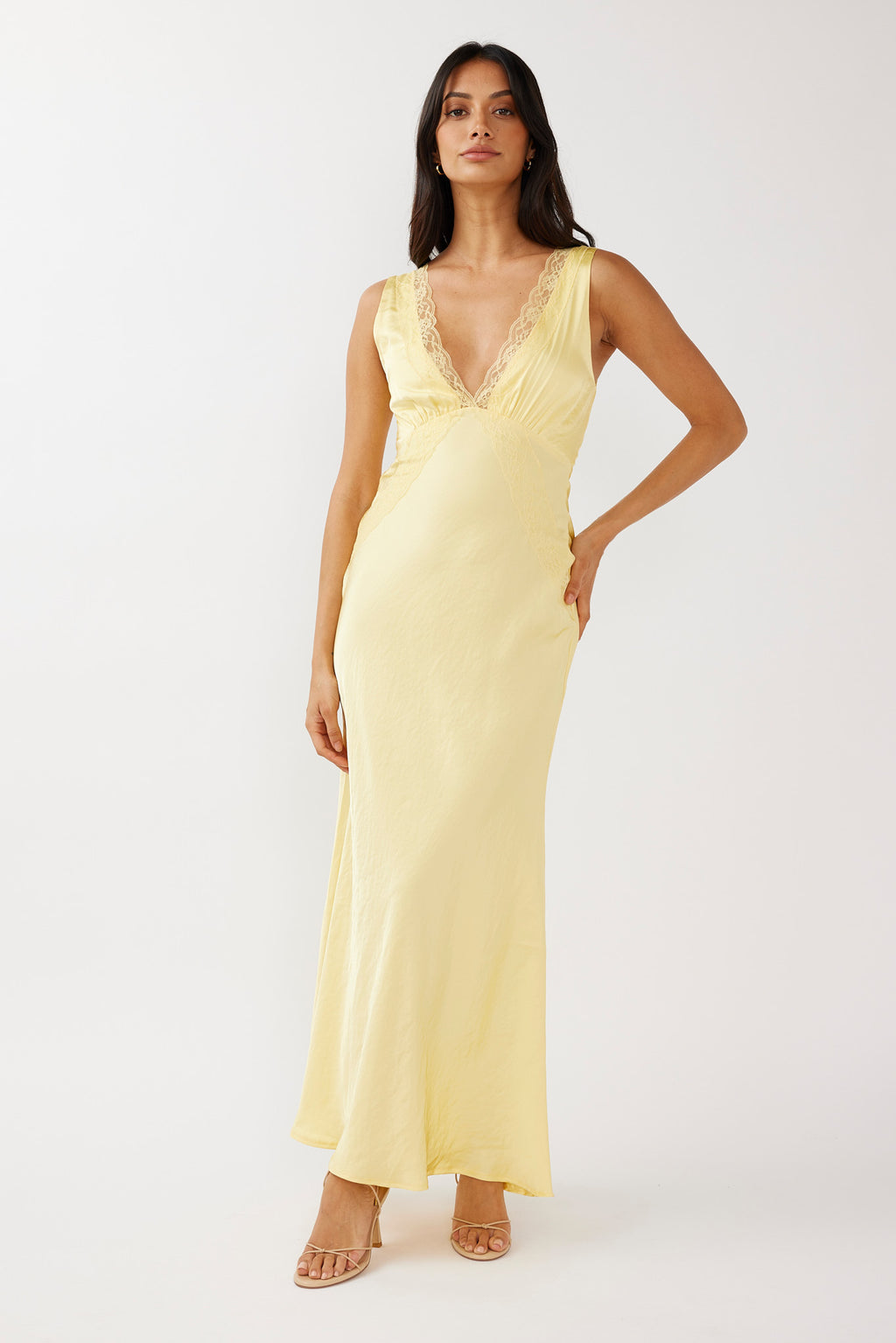 Ivonne Lace Trim V-Neck Maxi Dress Yellow by Selfie Leslie