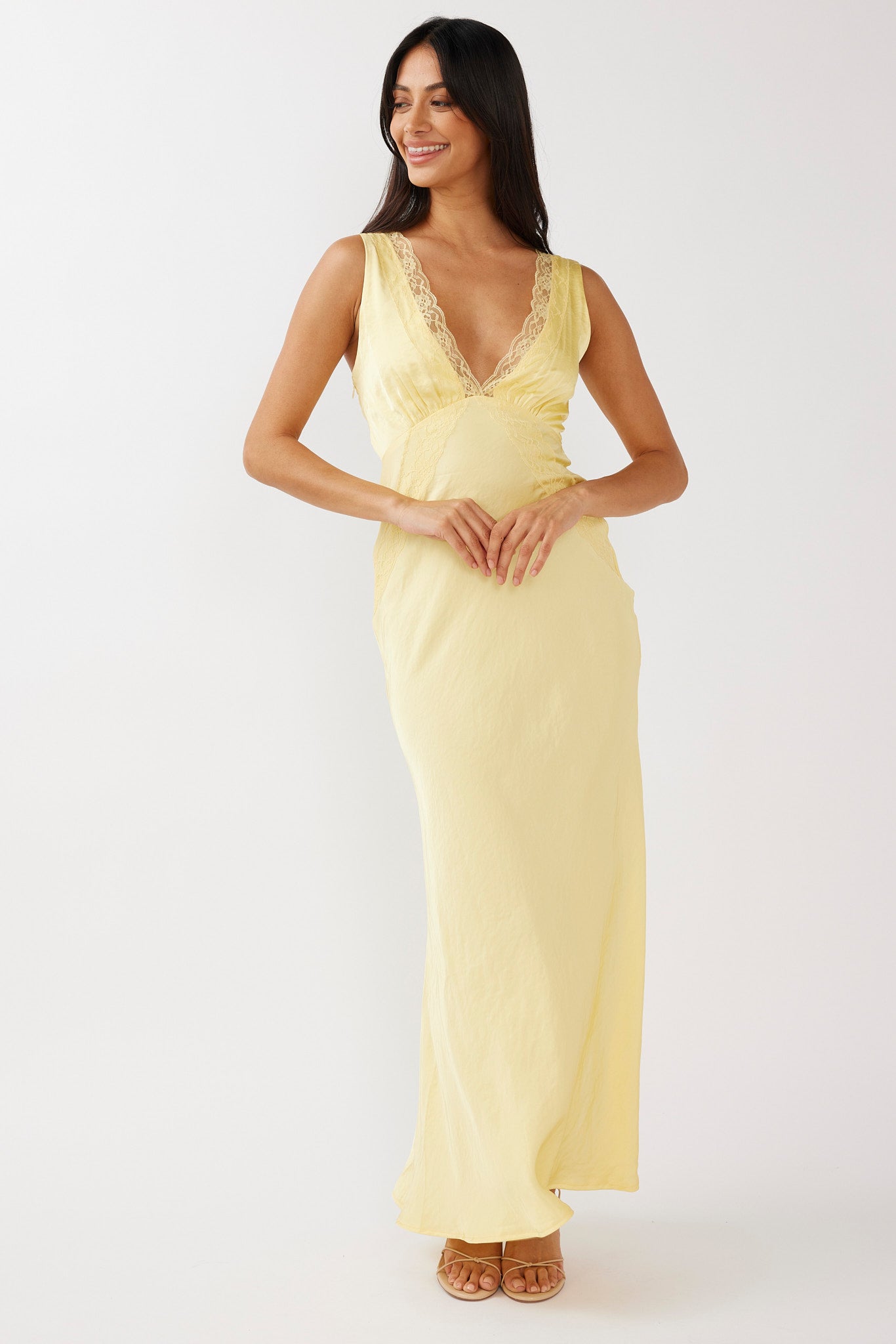 Ivonne Lace Trim V-Neck Maxi Dress Yellow by Selfie Leslie