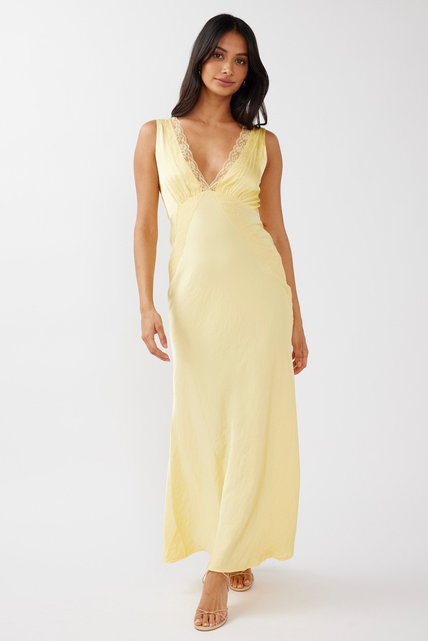 Ivonne Lace Trim V-Neck Maxi Dress Yellow by Selfie Leslie