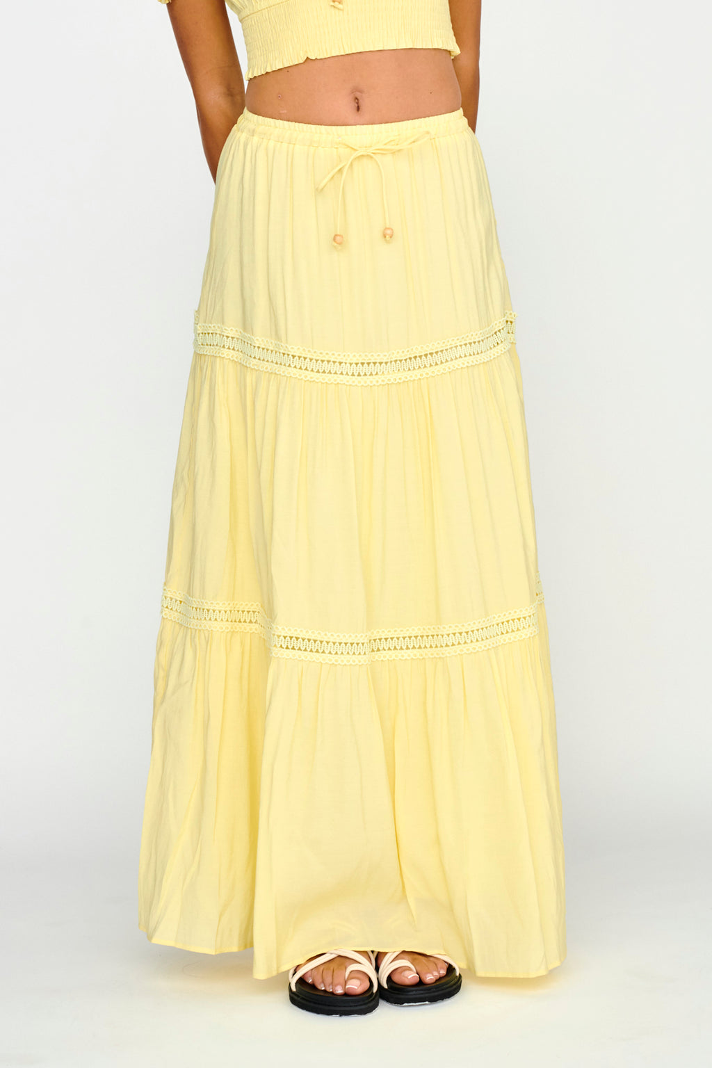 Canyon Cove Crochet Trim Maxi Skirt Yellow by Selfie Leslie
