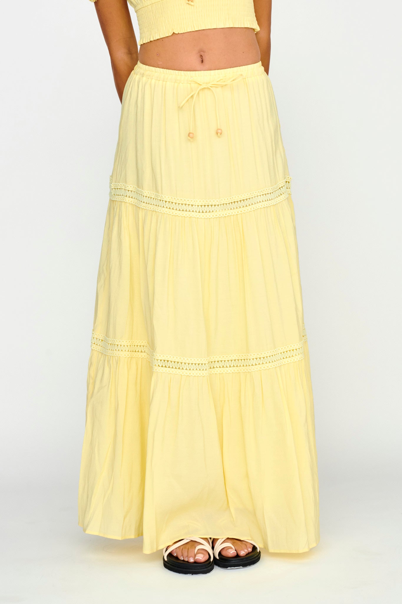 Canyon Cove Crochet Trim Maxi Skirt Yellow by Selfie Leslie