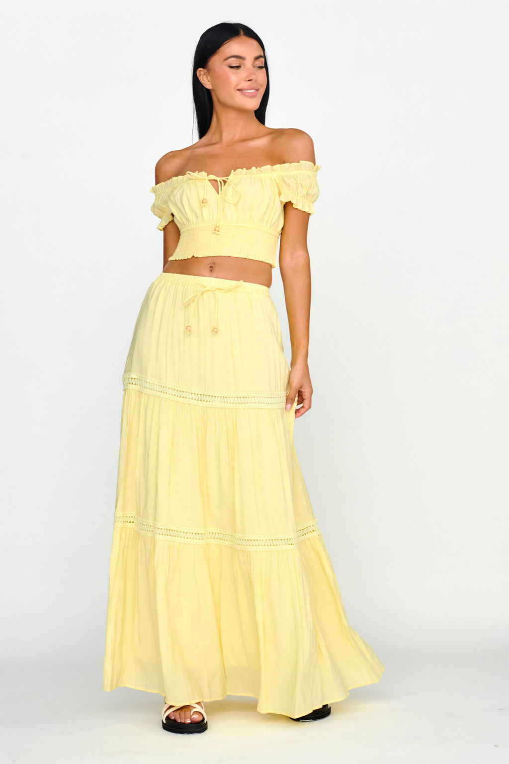 Canyon Cove Crochet Trim Maxi Skirt Yellow by Selfie Leslie