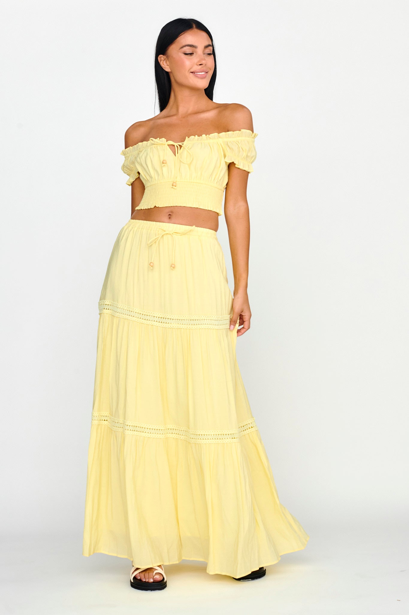 Canyon Cove Crochet Trim Maxi Skirt Yellow by Selfie Leslie