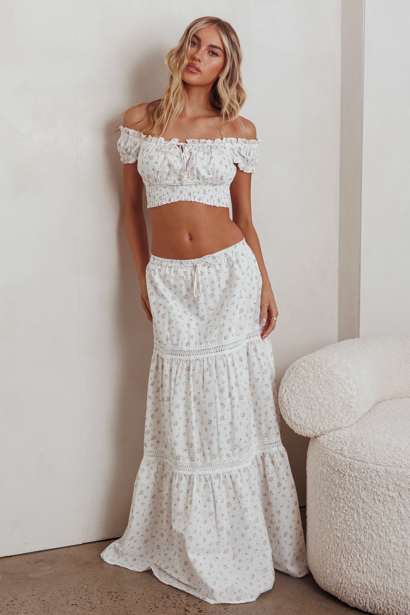 Canyon Cove Crochet Trim Maxi Skirt Floral Pink by Selfie Leslie