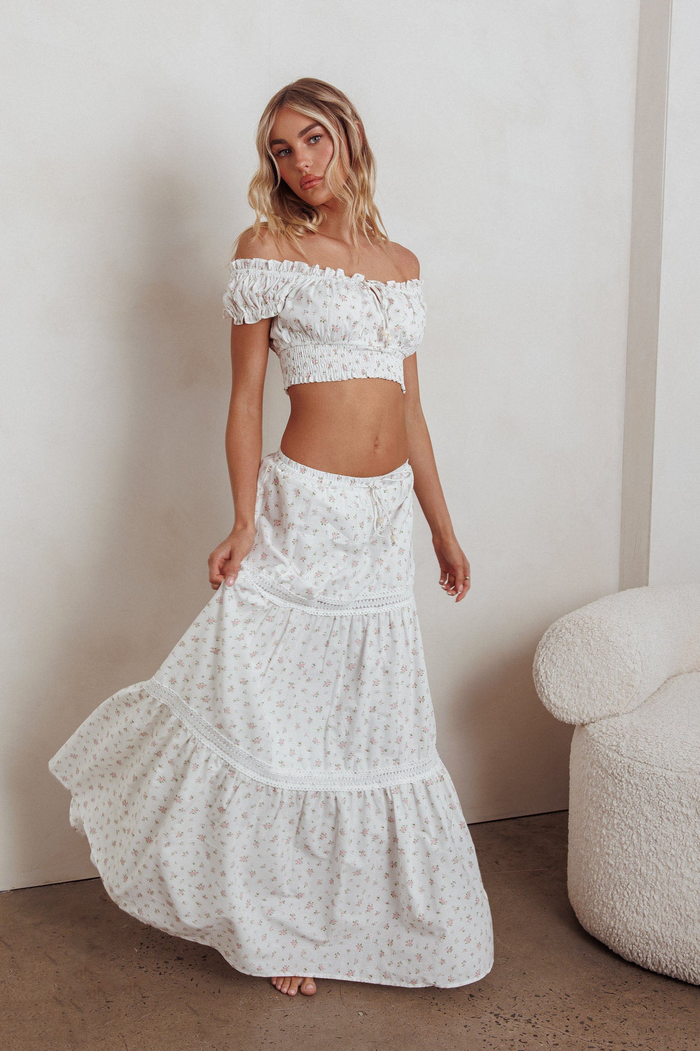 Canyon Cove Crochet Trim Maxi Skirt Floral Pink by Selfie Leslie