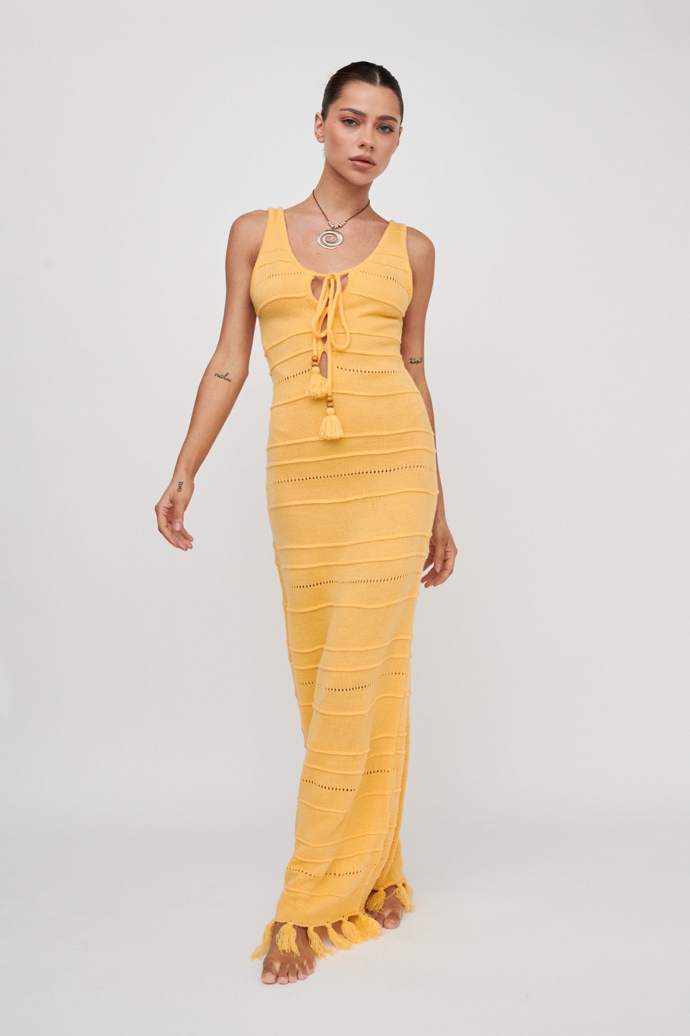 Sunlight Bust Tie Knit Maxi Dress Lemon by Selfie Leslie