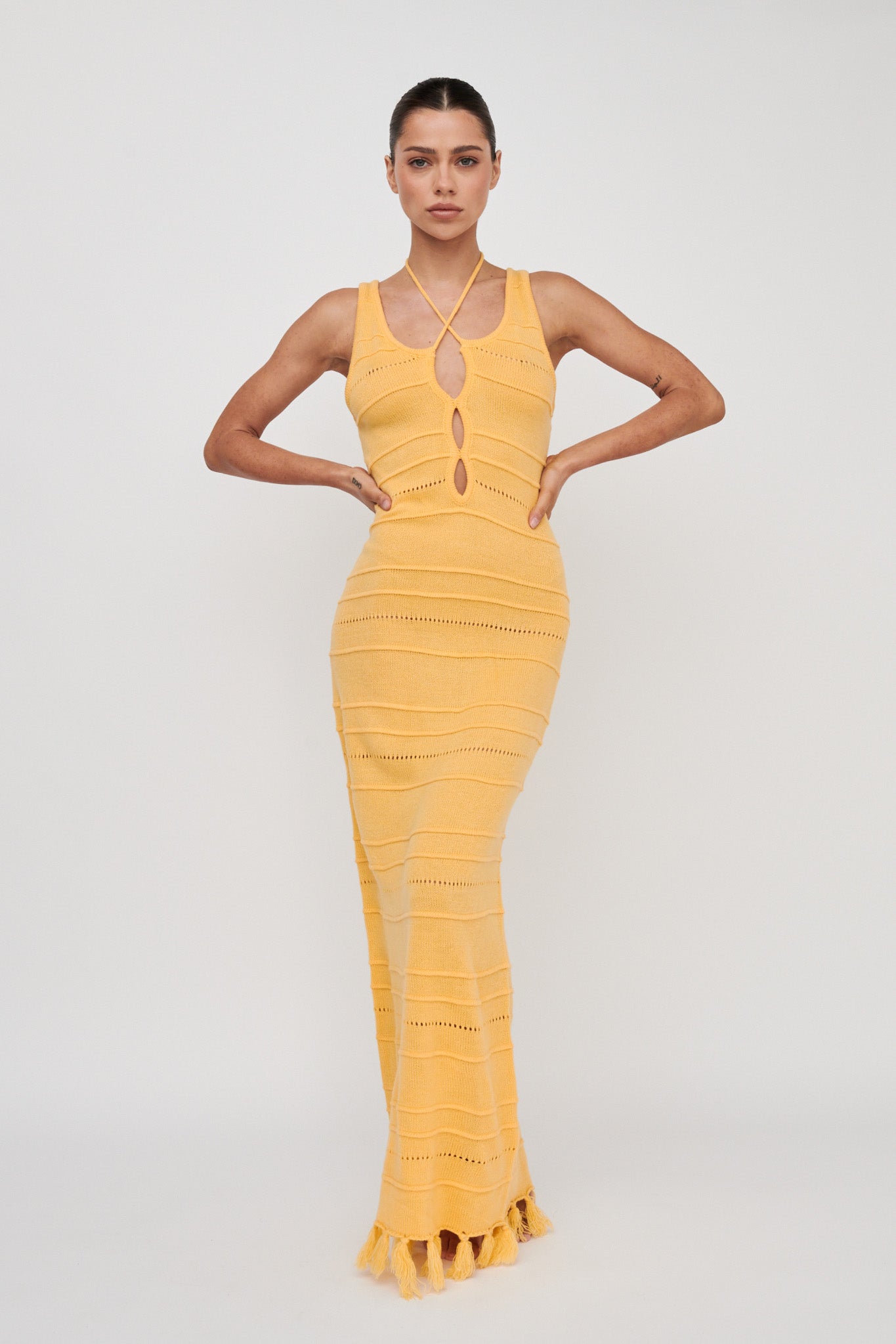 Sunlight Bust Tie Knit Maxi Dress Lemon by Selfie Leslie