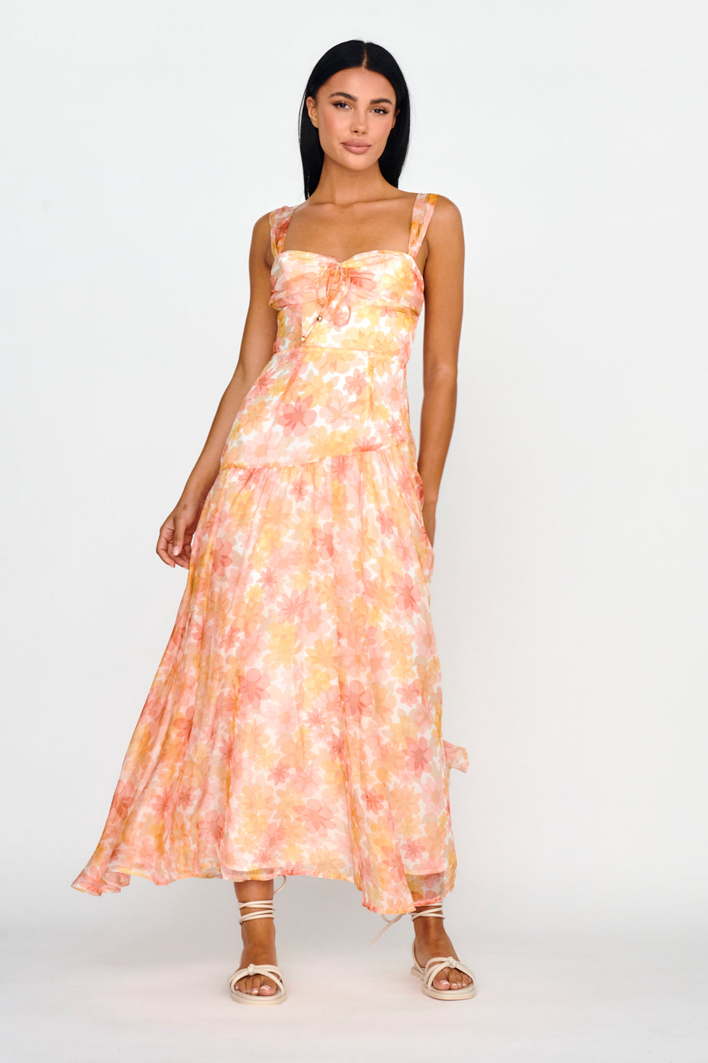 Nichola Ruched Bust Midi Dress Floral Orange by Selfie Leslie