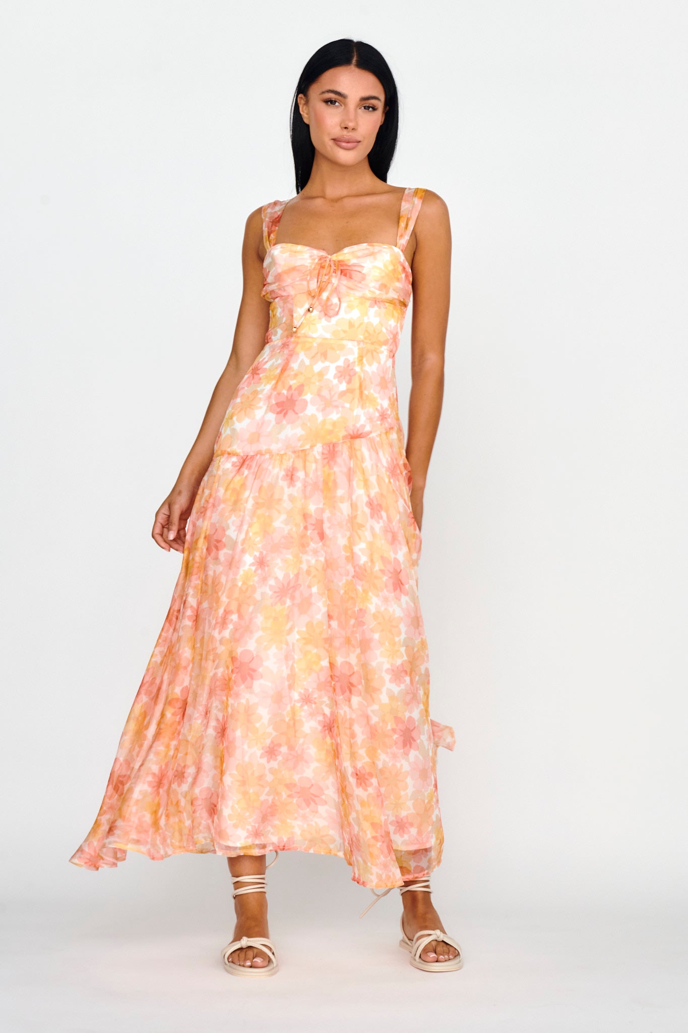 Nichola Ruched Bust Midi Dress Floral Orange by Selfie Leslie