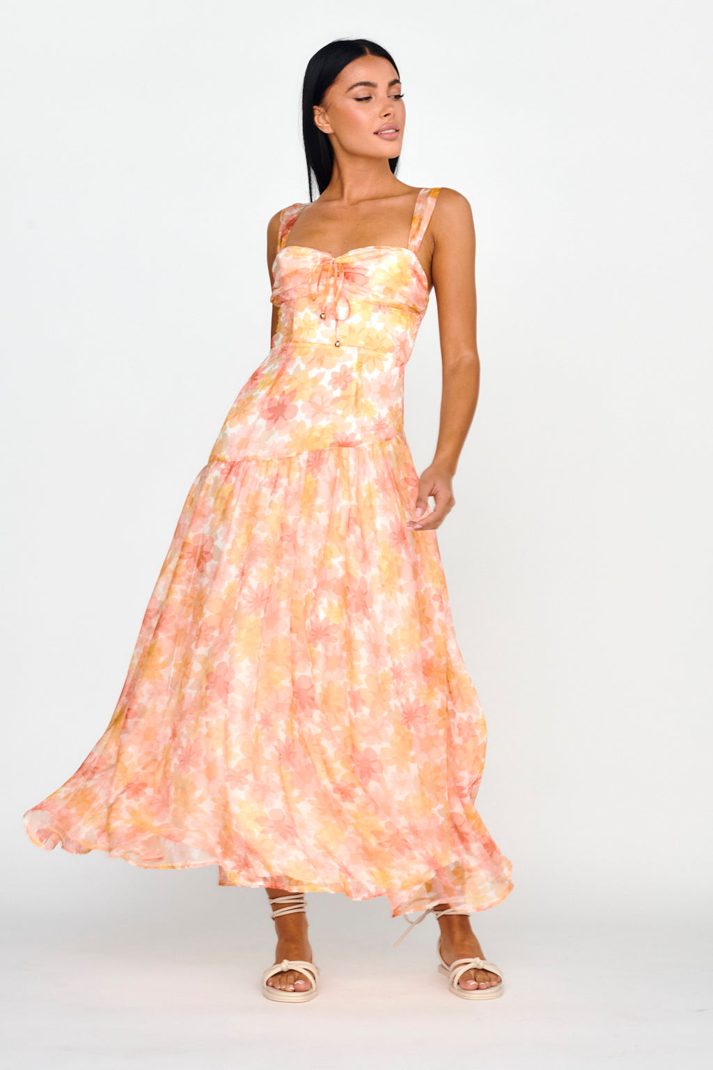 Nichola Ruched Bust Midi Dress Floral Orange by Selfie Leslie