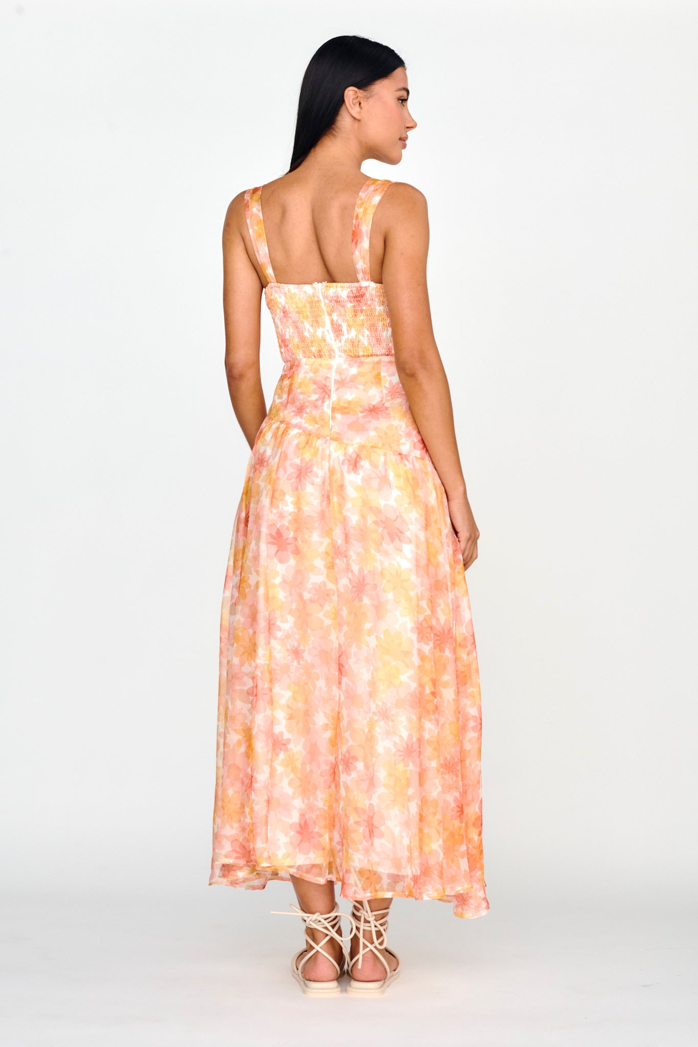 Nichola Ruched Bust Midi Dress Floral Orange by Selfie Leslie