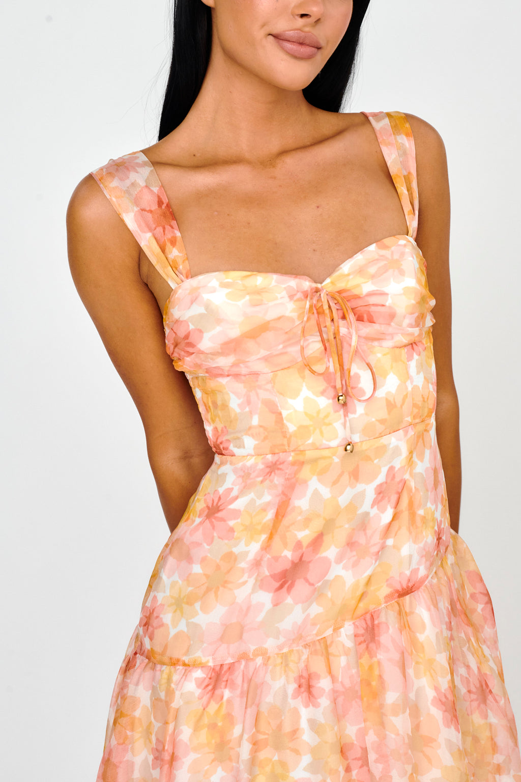 Nichola Ruched Bust Midi Dress Floral Orange by Selfie Leslie
