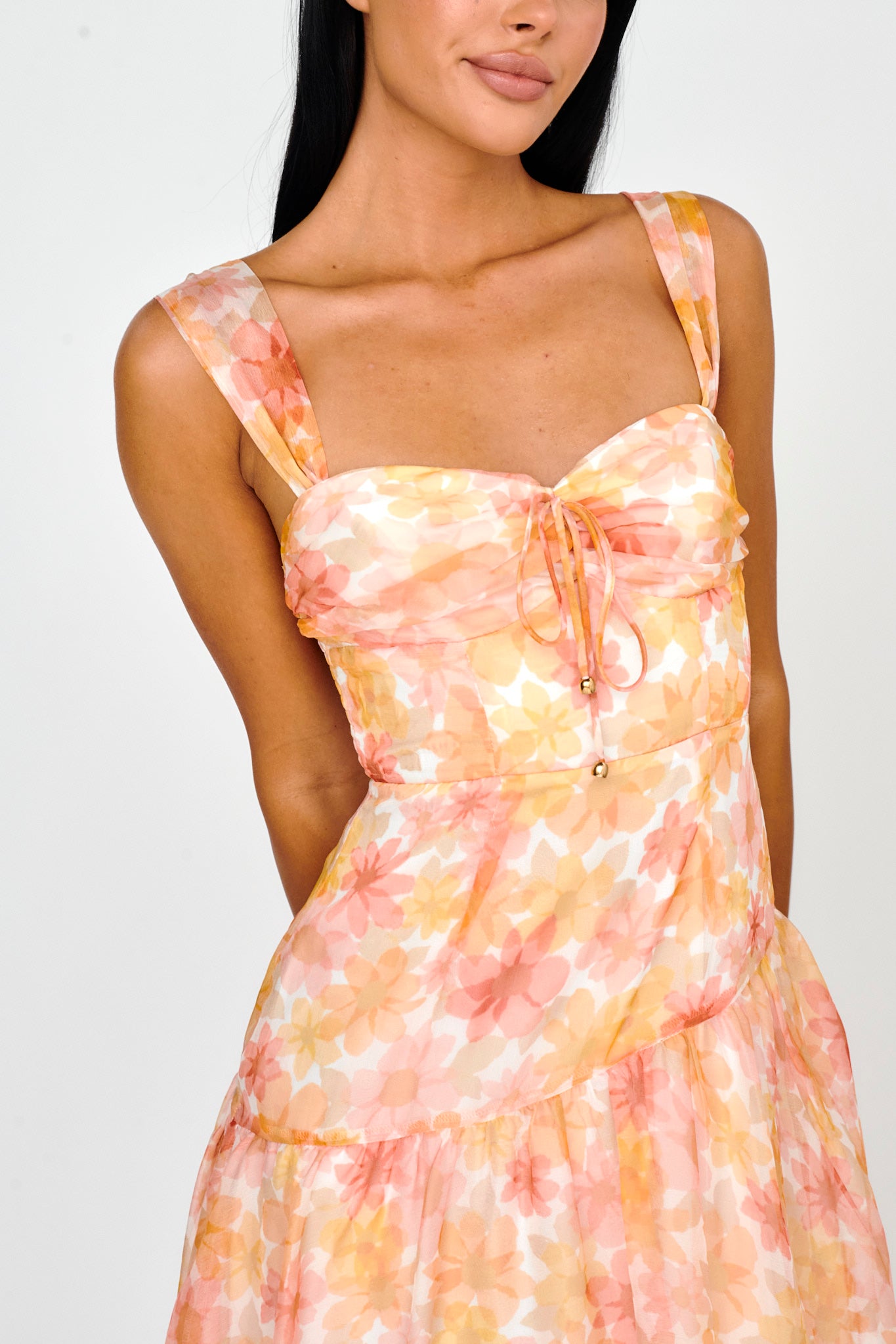 Nichola Ruched Bust Midi Dress Floral Orange by Selfie Leslie