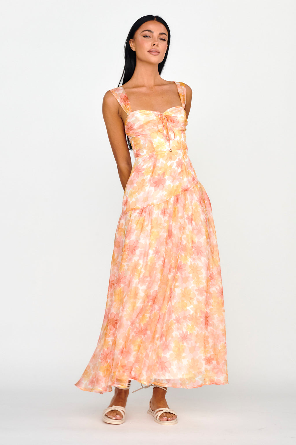 Nichola Ruched Bust Midi Dress Floral Orange by Selfie Leslie