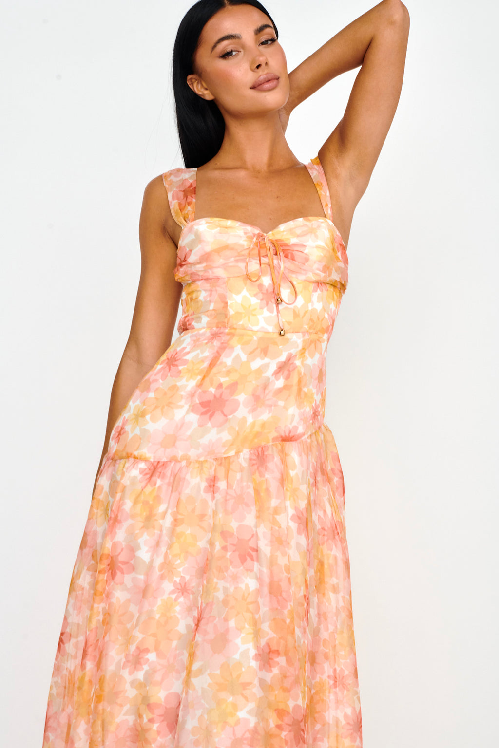Nichola Ruched Bust Midi Dress Floral Orange by Selfie Leslie