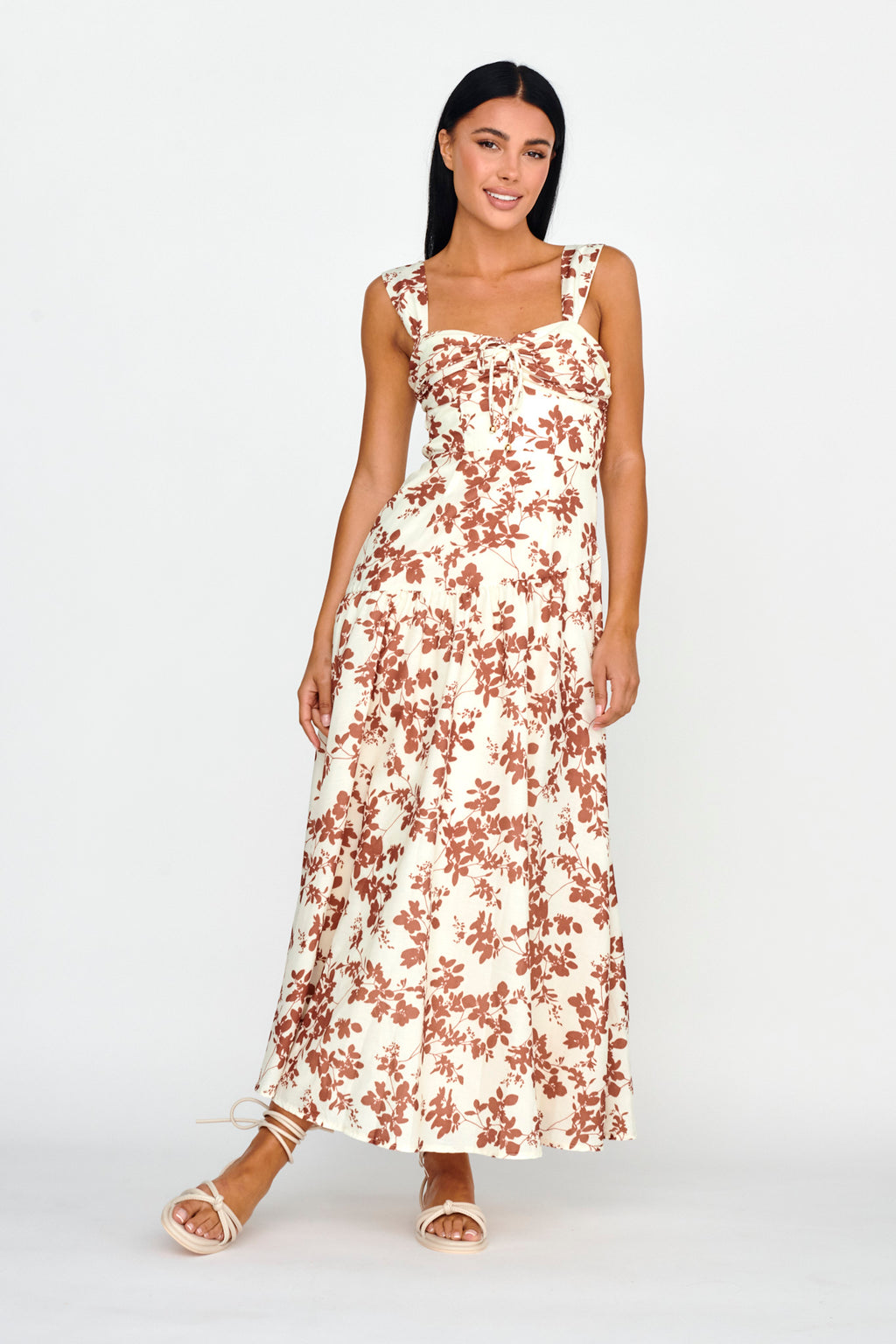 Nichola Ruched Bust Midi Dress Floral Brown by Selfie Leslie