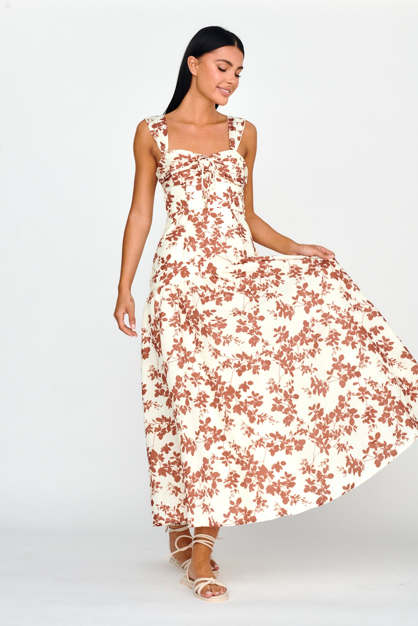 Nichola Ruched Bust Midi Dress Floral Brown by Selfie Leslie
