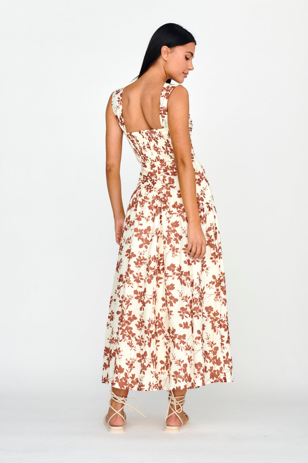 Nichola Ruched Bust Midi Dress Floral Brown by Selfie Leslie