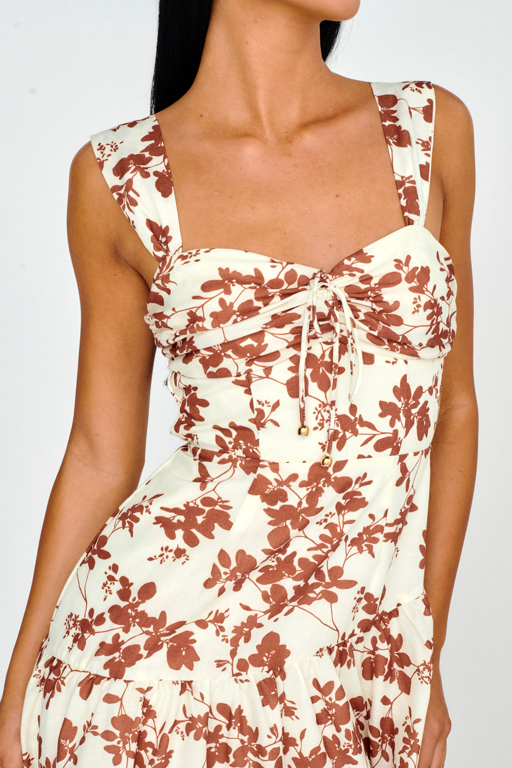 Nichola Ruched Bust Midi Dress Floral Brown by Selfie Leslie