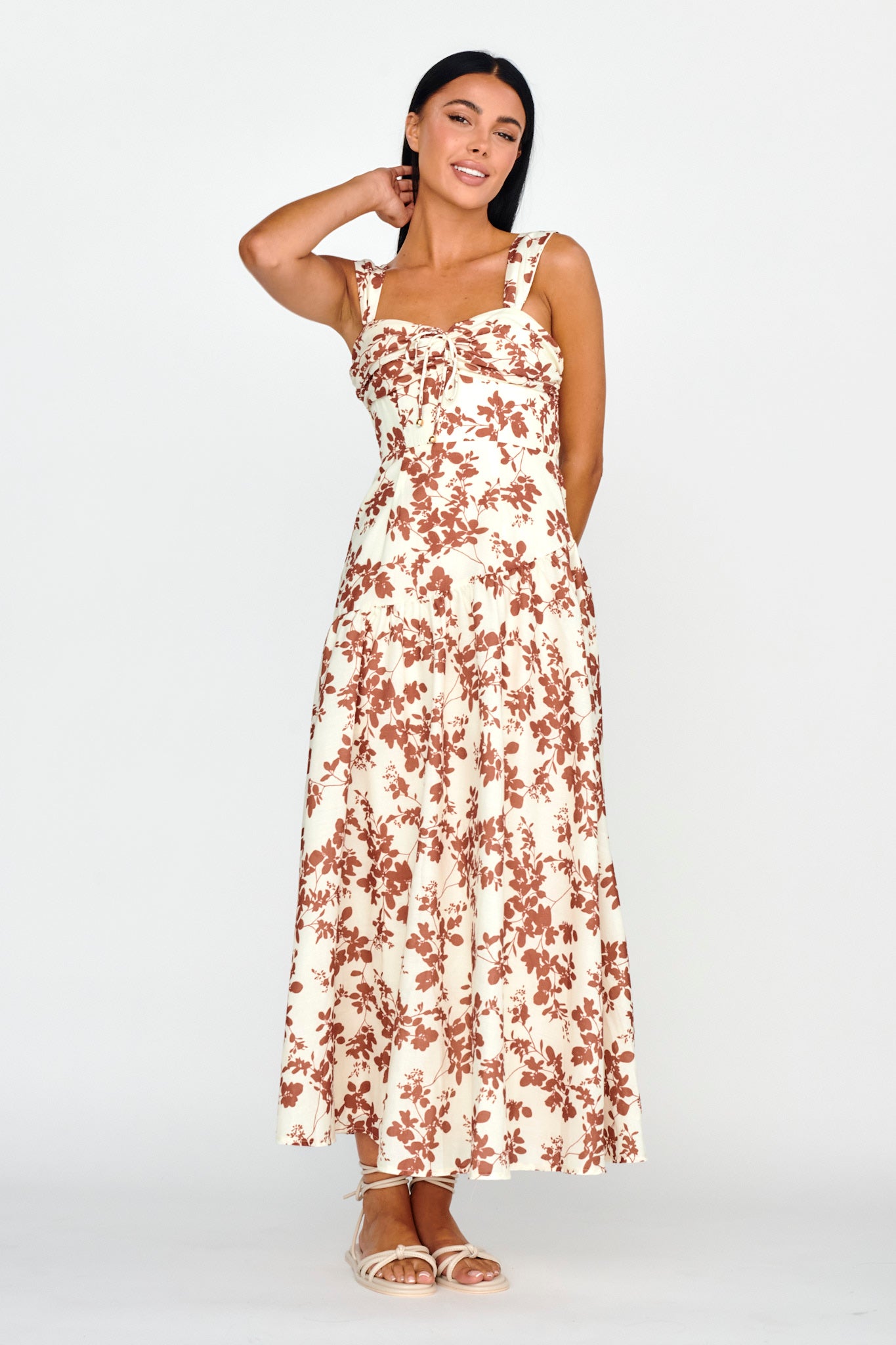 Nichola Ruched Bust Midi Dress Floral Brown by Selfie Leslie