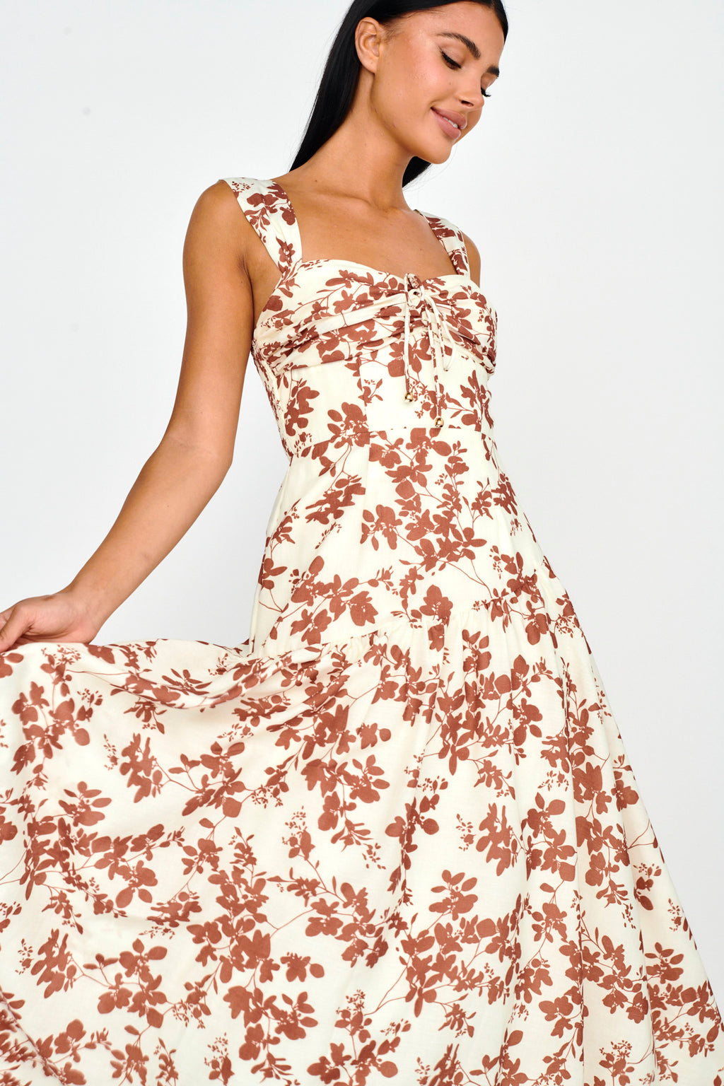 Nichola Ruched Bust Midi Dress Floral Brown by Selfie Leslie