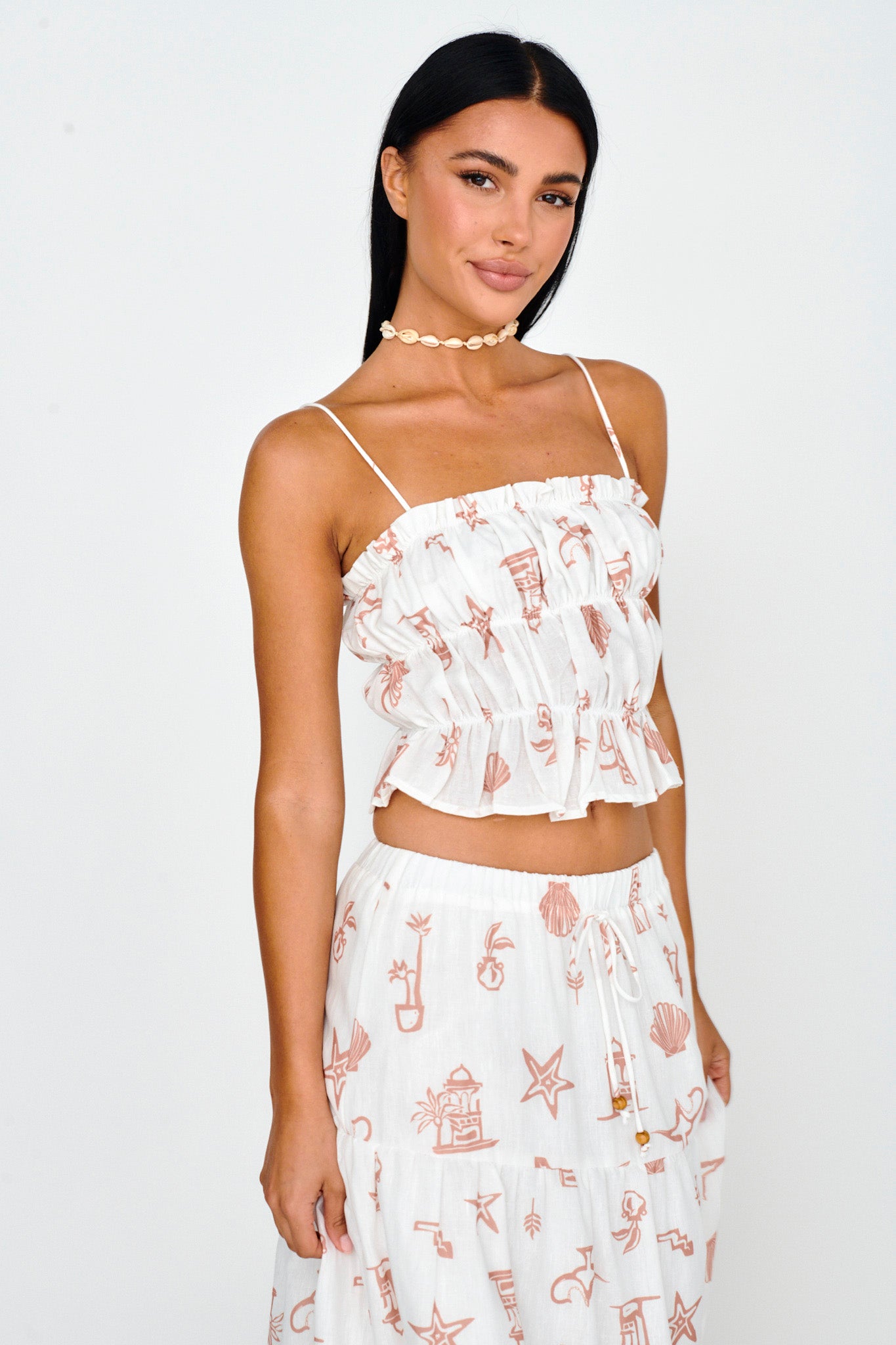 South Bay Ruched Cami Top Print Mocha by Selfie Leslie