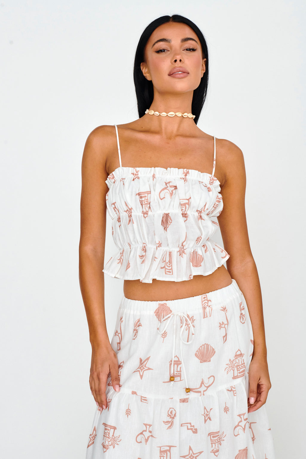 South Bay Ruched Cami Top Print Mocha by Selfie Leslie