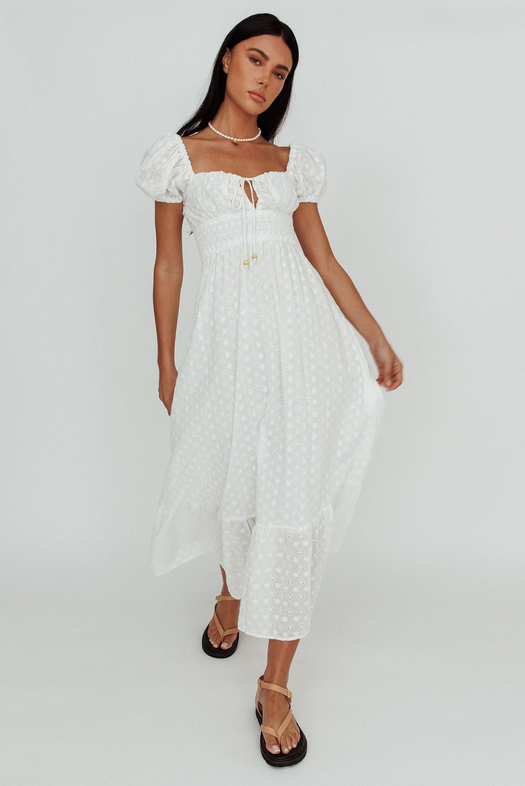 Sia Puff Sleeve Eyelet Maxi Dress White by Selfie Leslie