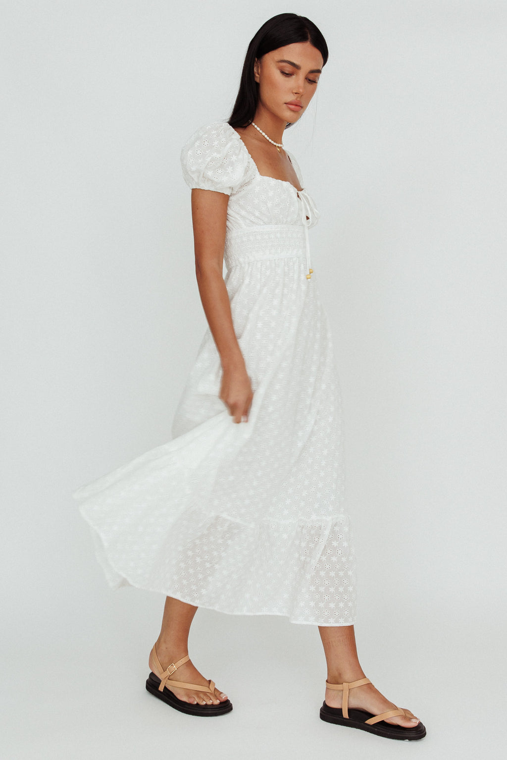 Sia Puff Sleeve Eyelet Maxi Dress White by Selfie Leslie