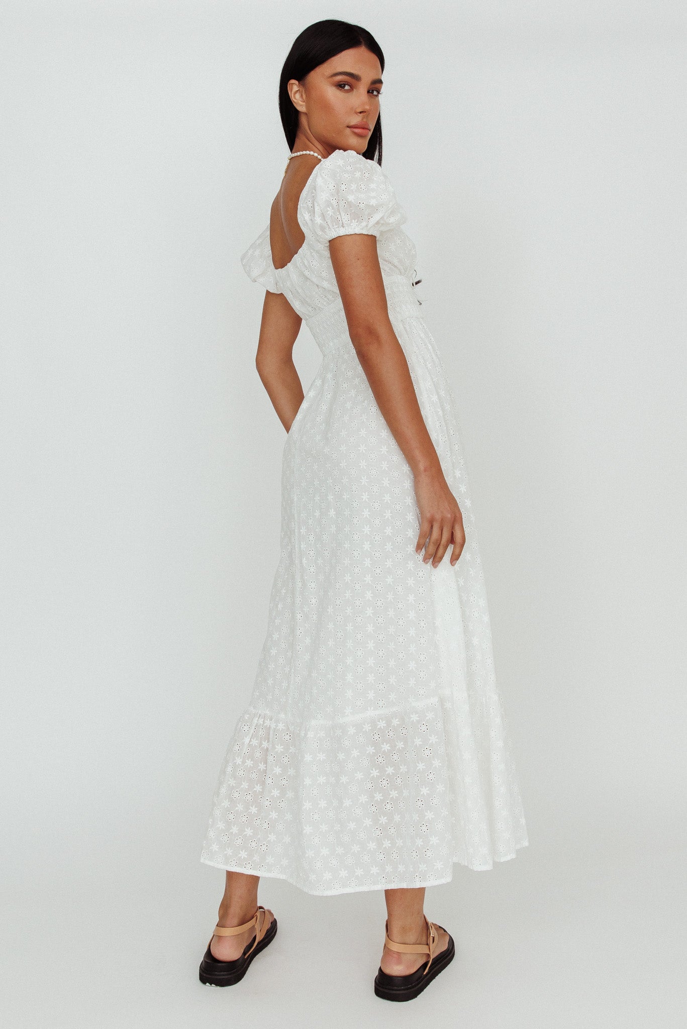 Sia Puff Sleeve Eyelet Maxi Dress White by Selfie Leslie