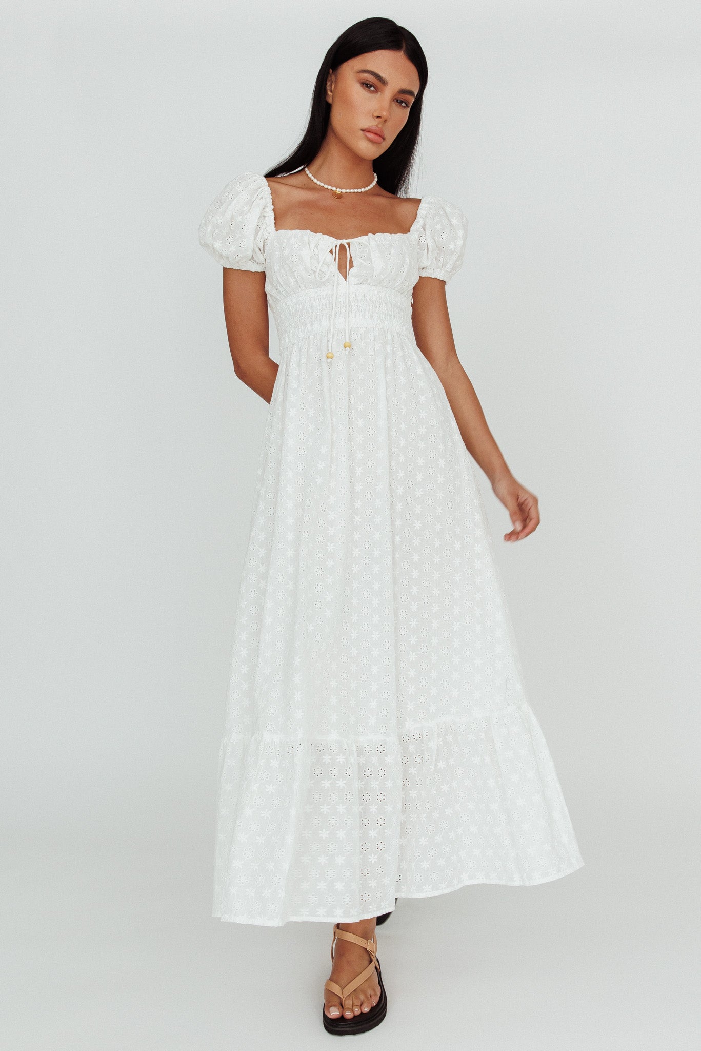 Sia Puff Sleeve Eyelet Maxi Dress White by Selfie Leslie