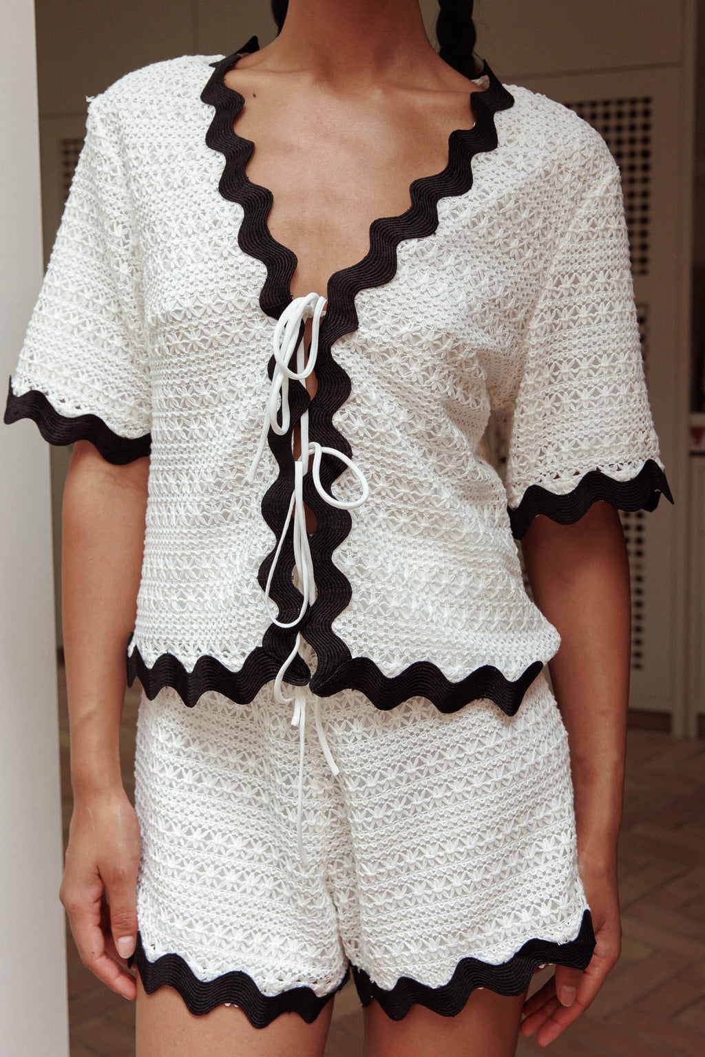 Breakaway Tie Front Shirt Crochet White by Selfie Leslie