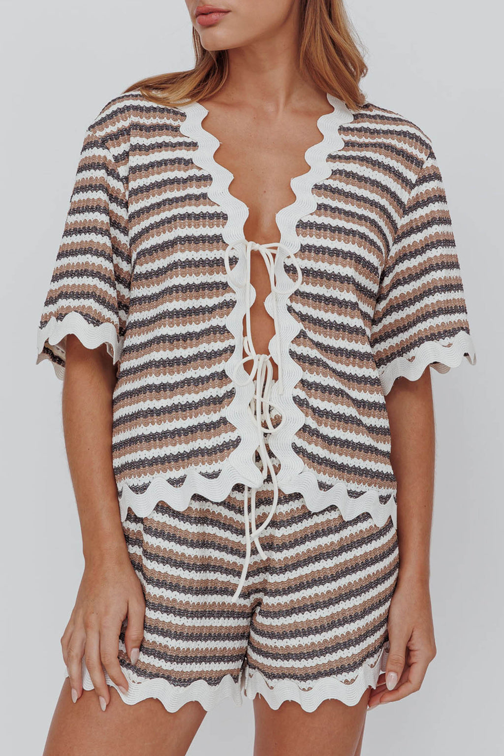 Breakaway Tie Front Shirt Stripe Mocha by Selfie Leslie