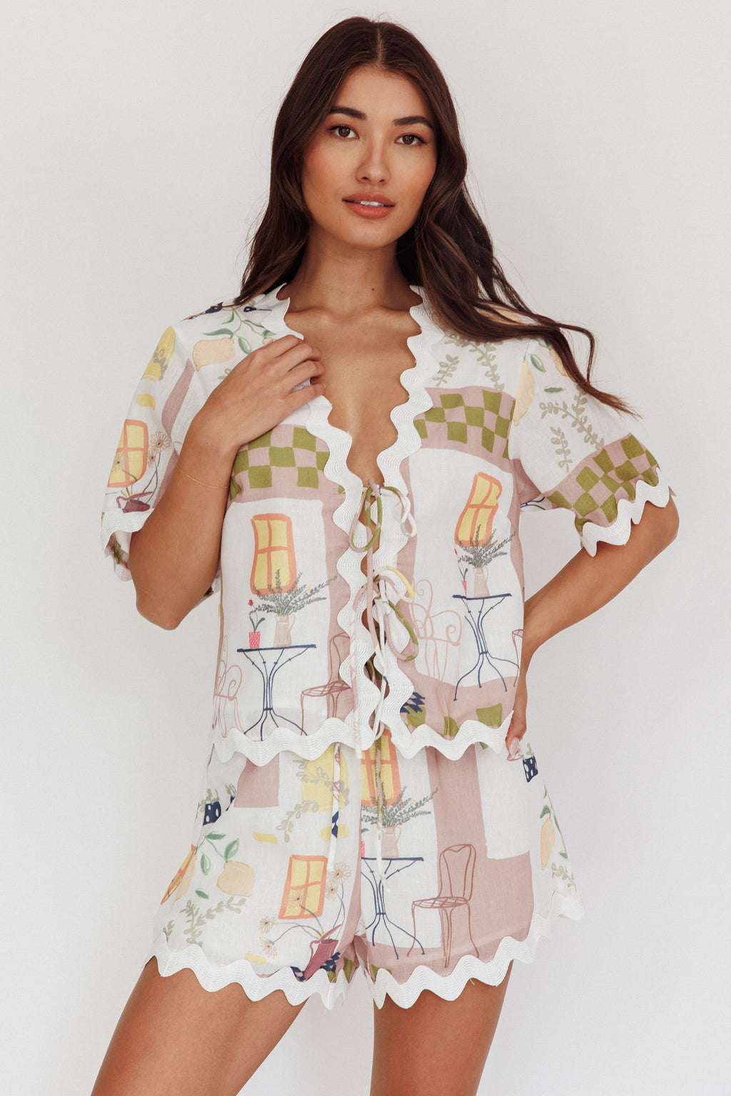 Breakaway Graphic Print Tied Short Sleeve Shirt Olive by Selfie Leslie